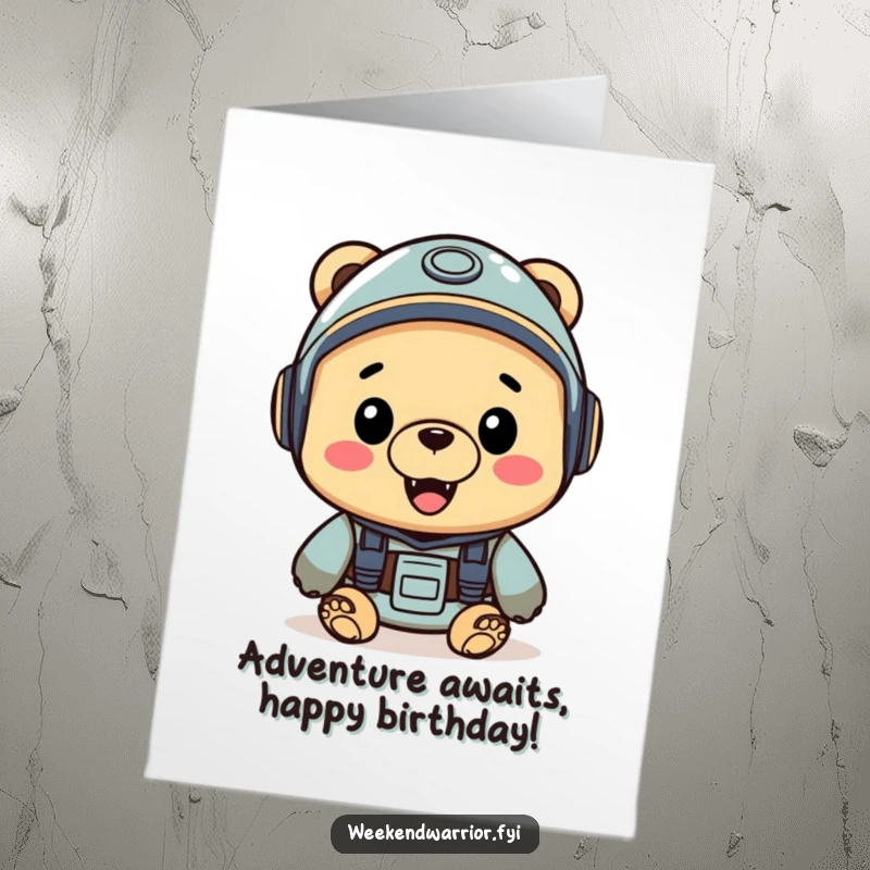 Funny Free Printable Birthday Card: A cheerful bear dons a helmet, eager for birthday adventures.