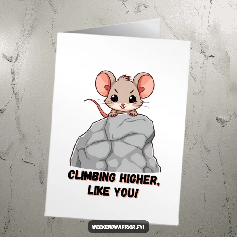 Funny Free Printable Birthday Card: Brave mouse adventurer conquers a cartoon rock face, symbolizing achievement and laughter.