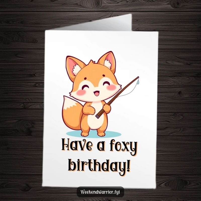 Funny Free Printable Birthday Card: A cute, excited kawaii fox holds a fishing rod, ready to reel in birthday wishes.