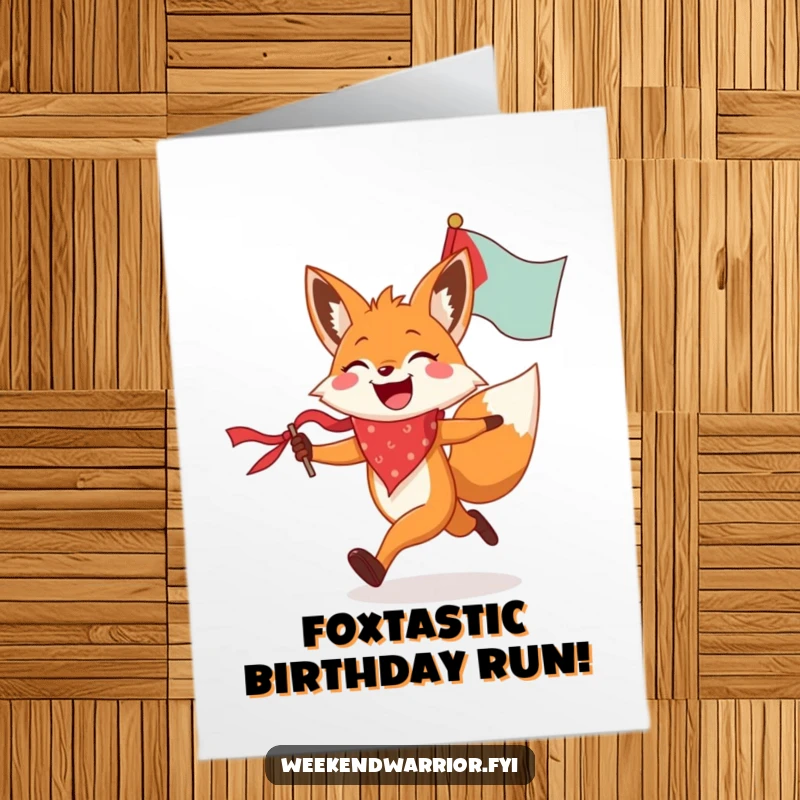 Funny Free Printable Birthday Card: A joyful fox in a bandana runs enthusiastically, waving a flag for birthday cheer.