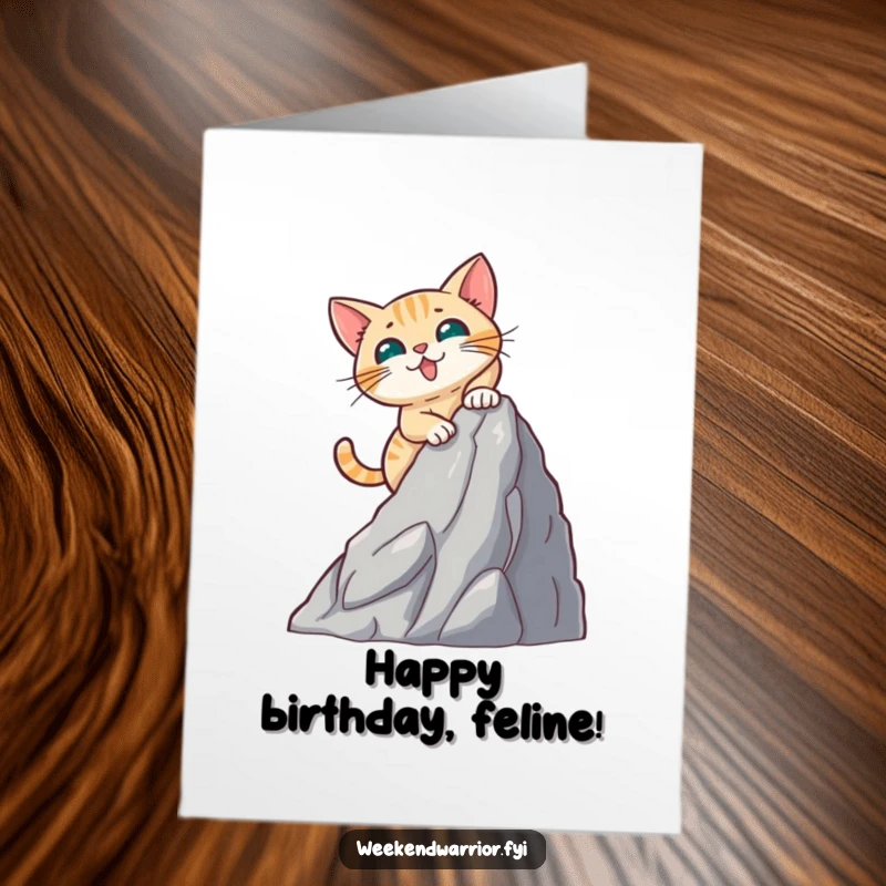 Funny Free Printable birthday card featuring a brave cat heroically scaling an artificial mountain face with immense gusto and determination.