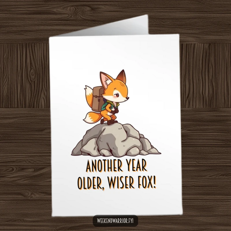 Funny Free Printable Birthday Card: Determined fox with backpack scales a rocky cliff, celebrating achievements.
