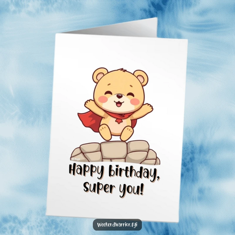 Funny Free Printable Birthday Card of a happy bear cub in a superhero cape leaping over a gap, celebrating bravery.