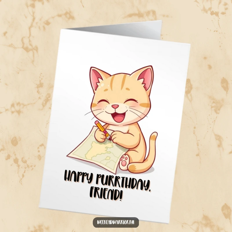 Funny Free Printable Birthday Card: A delighted cat intently sketching a treasure map with a tiny pencil, looking inspired.