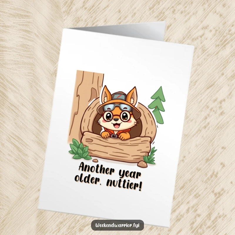 Funny Free Printable Birthday Card: Delighted squirrel explorer peeking from log, ready to deliver laughs and wishes.