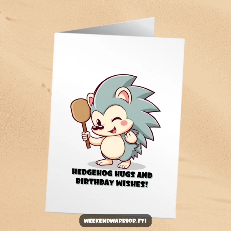Funny Free Printable Birthday Card: Happy hedgehog wielding a tiny paddle, ready to celebrate with a splash of humor.