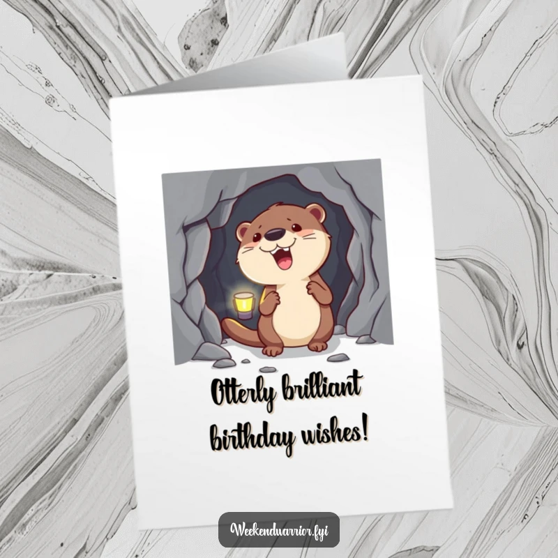 Funny Free Printable Birthday Card: Happy otter with headlamp gleefully explores a dark cave, ready for adventure.