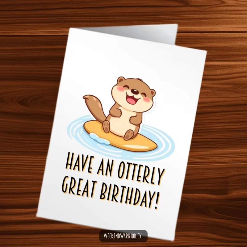 Funny Free Printable Birthday Card: Happy otter character jubilantly paddleboarding across a blue shimmering pond, celebrating joy.
