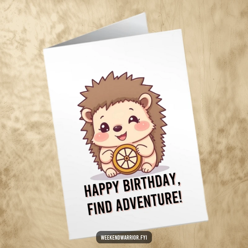 Funny Free Printable Birthday Card: A happy hedgehog carefully using a makeshift compass, perfect for birthday journeys.