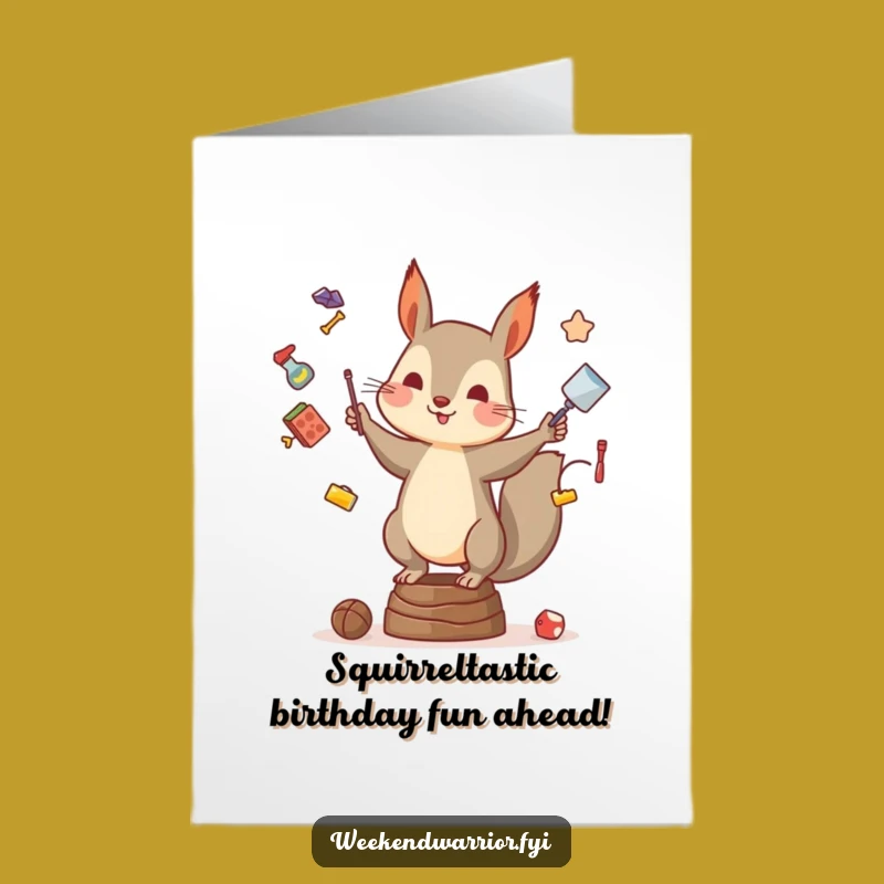 Free Printable Birthday Card: Juggling Squirrel, Funny Downloadable Gift for a Chaotic Celebration