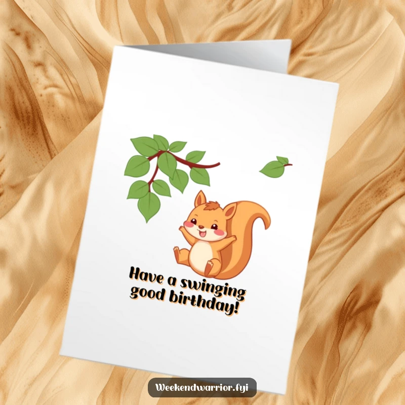 Funny Free Printable Birthday Card: Playful squirrel grins while swinging gleefully from a jungle vine.