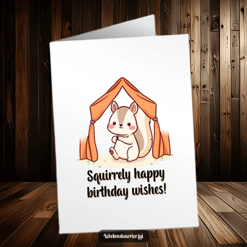Funny Free Printable Birthday Card Kawaii squirrel struggling to set up a tiny tent with determination, perfect for outdoor lovers.