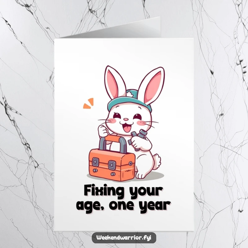 Funny Free Printable Birthday Card: A cartoon rabbit mechanic with a toolbox gleefully tightens a bolt, ready to fix any birthday.