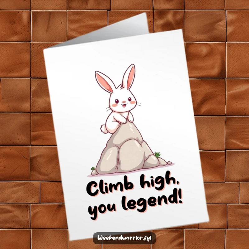 Funny free printable birthday card: A determined rabbit with a satisfied smile scales a small rock formation, achieving a goal.