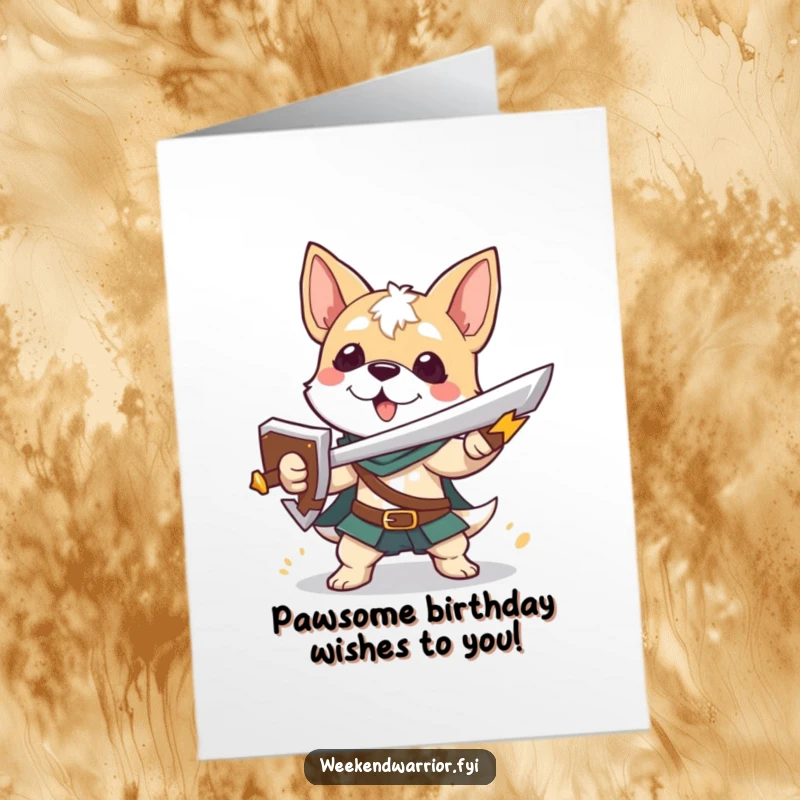 Funny free printable birthday card featuring a playful dog warrior holding a small sword and shield, ready for a birthday quest.