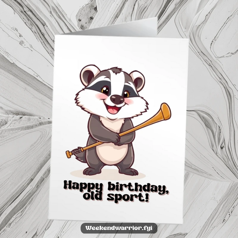 Funny Free Printable Birthday Card: A happy badger swings a golf club with a determined, winning grin.