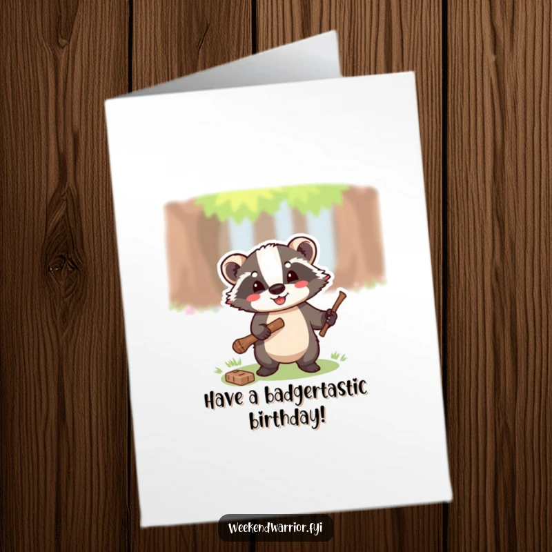 Funny Free Printable Birthday Card: Energetic badger with a small axe, happily chopping a twig.