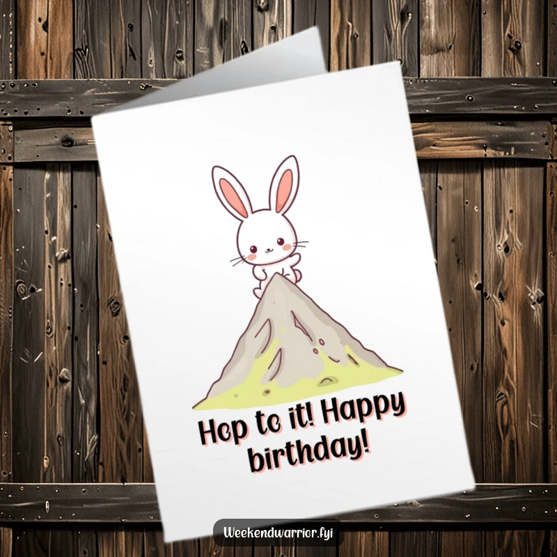 Funny Free Printable Birthday Card: Happy Kawaii rabbit character hiking up a mountain, celebrating a birthday summit.