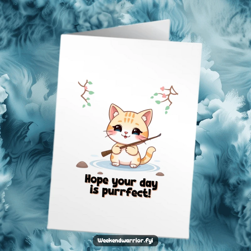 Funny Free Printable Birthday Card: Smiling cat character holds a fishing rod by a lake, ready to catch birthday wishes with a fun DIY greeting.