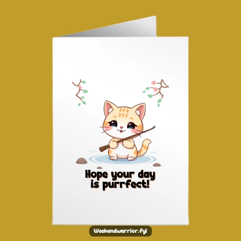 Free Printable Birthday Card: Fishing Cat Catch Funny Downloadable Greeting Gift