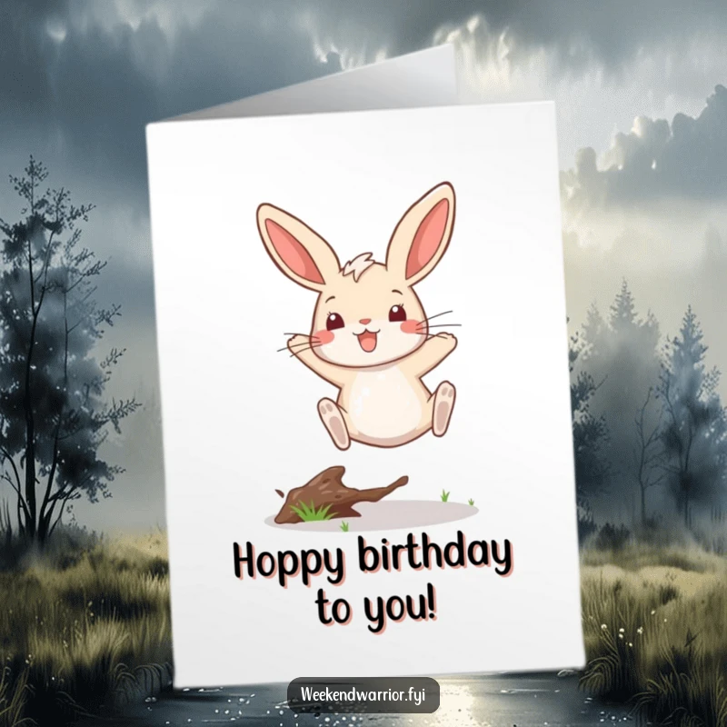Funny free printable birthday card featuring a happy rabbit leaping victoriously over a twig, ready to deliver laughs.