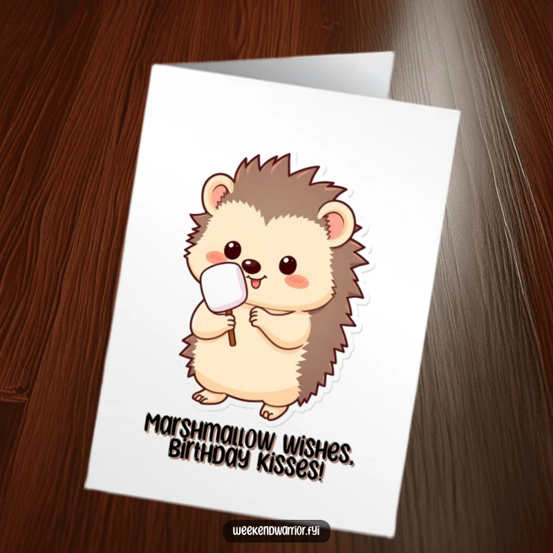 Funny Free Printable Birthday Card: Kawaii hedgehog proudly holds a tiny marshmallow on a stick, ready for roasting, for a sweet celebration.