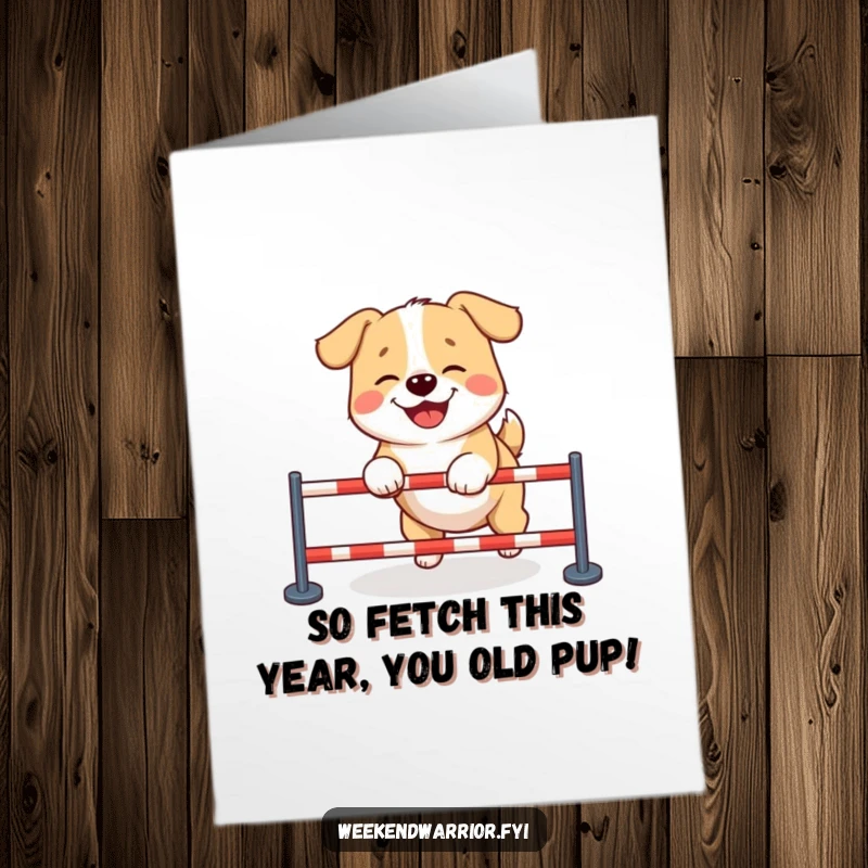 Funny Free Printable Birthday Card: Giggling dog leaps through a tiny obstacle course, bringing birthday cheer and laughter.