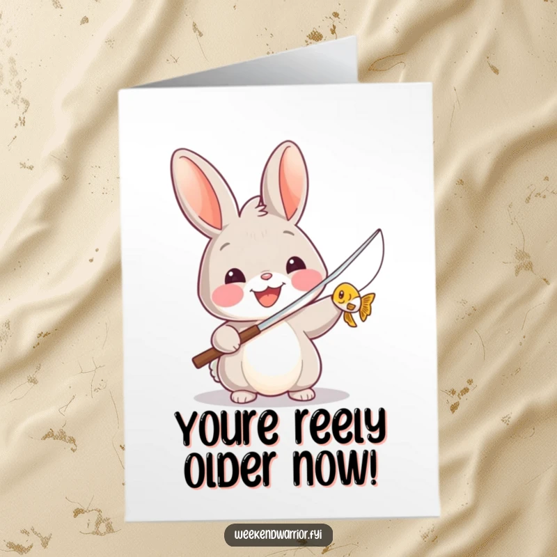 Funny Free Printable Birthday Card: Cheerful rabbit holding fishing rod with a proud tiny fish catch.