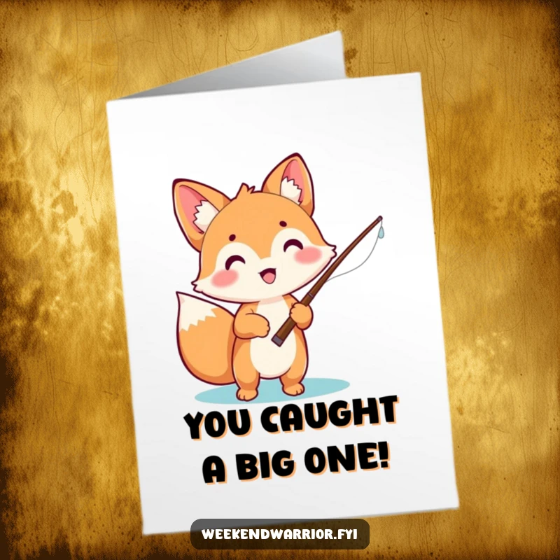 Funny Free Printable Congrats Card: An excited kawaii fox with a fishing rod signifies a successful and happy achievement.
