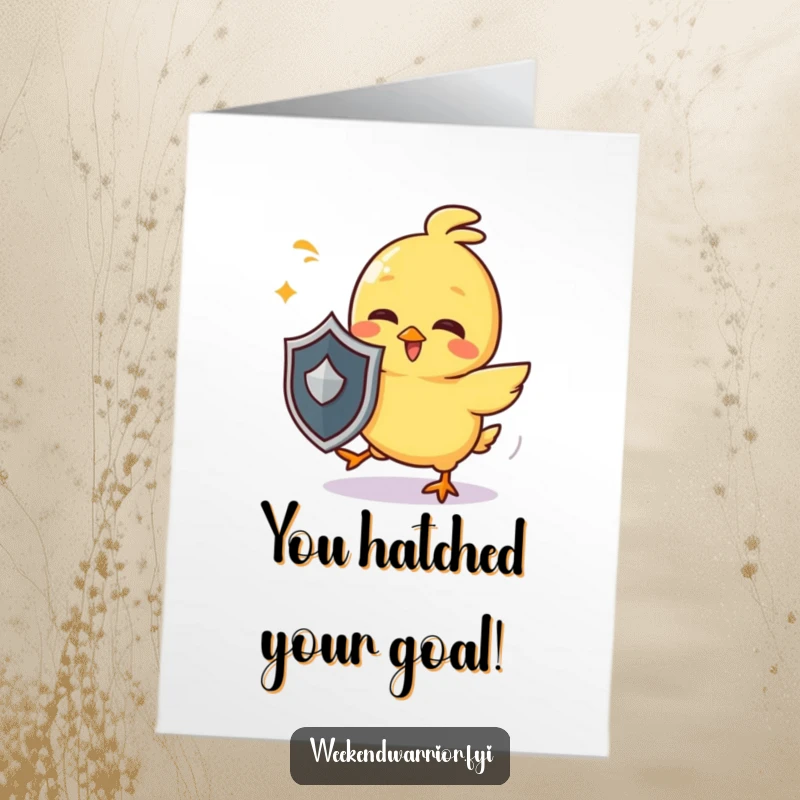 Funny Free Printable Congrats Card: Giggling yellow chick with a shield playfully dodging to celebrate a victory.