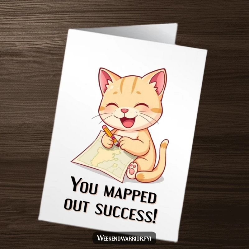 Funny Free Printable Congrats Card: A delighted cat focused on sketching a detailed map with a small pencil, plotting victory.