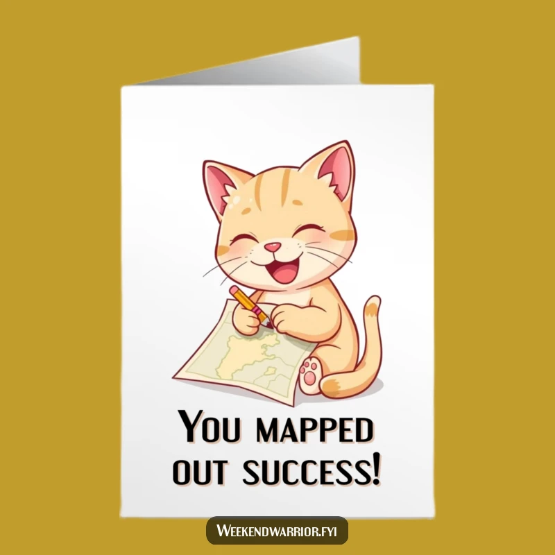 Free Printable Congrats Card: Clever Cat Mapping Out Success Downloadable Gift