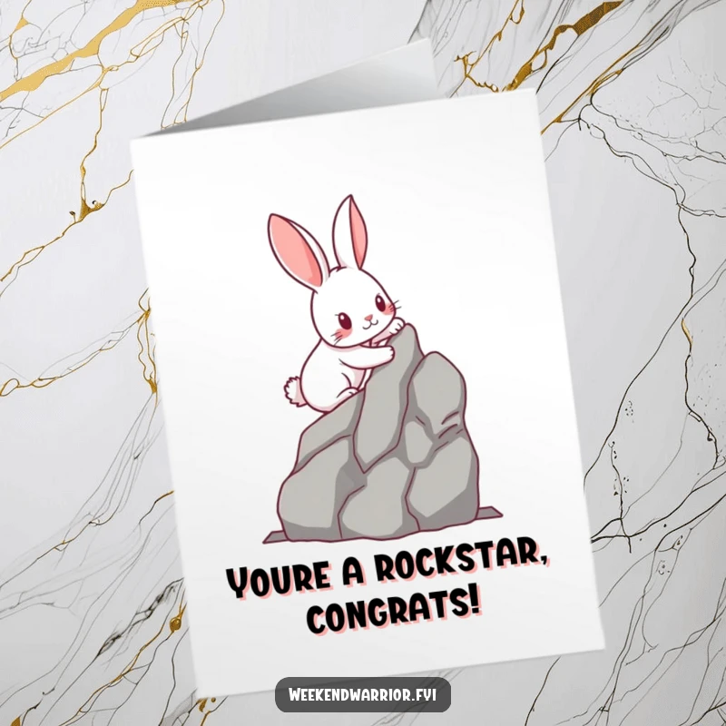 Funny Free Printable Congrats Card: Kawaii rabbit with determined paws scaling a miniature rock face.