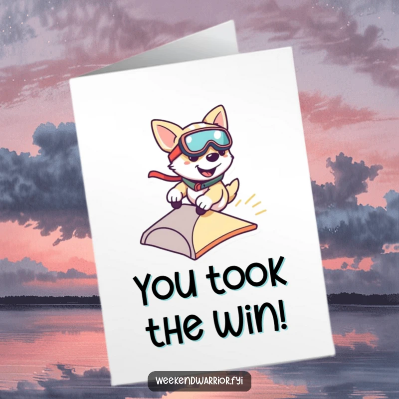 Funny Free Printable Congratulations Card: A smiling dog sporting goggles zips down a small ramp, marking a swift and successful achievement.
