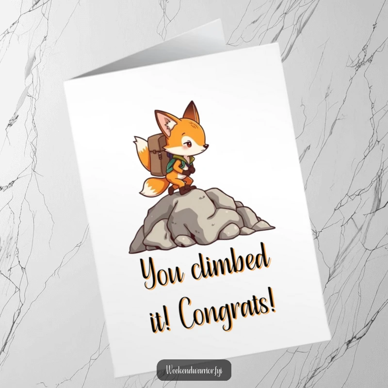Free Printable Congratulations Card: Adventurous fox with backpack ascends a steep rocky outcrop, signifying success.