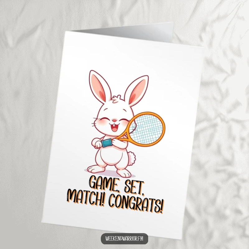 Free Printable Congratulations Card: A giggling bunny gripping a tennis racket, ready to celebrate a triumphant win.