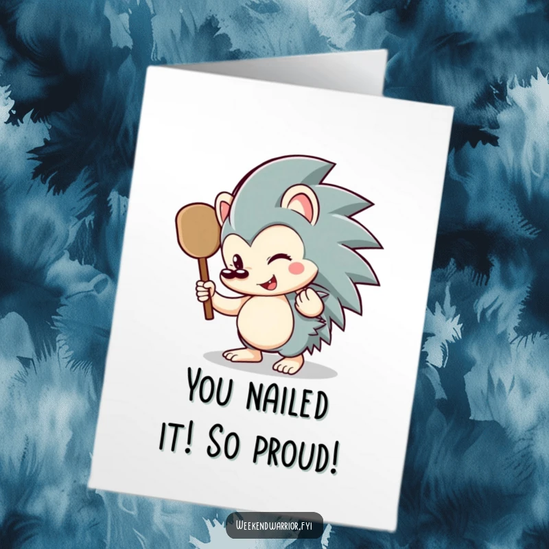 Funny Free Printable Congratulations Card: A cheerful hedgehog grips a small paddle, signifying a fun, splashy victory.