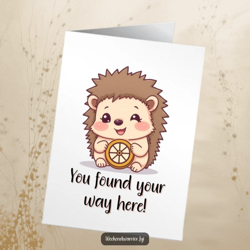 Funny Free Printable Congratulations Card: A happy hedgehog using a handmade compass, celebrating a journey to success.