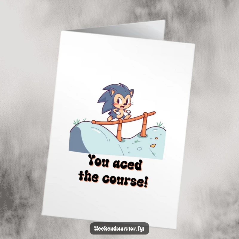 Funny Free Printable Congratulations Card: Determined hedgehog skillfully navigating an obstacle course, celebrating a win.