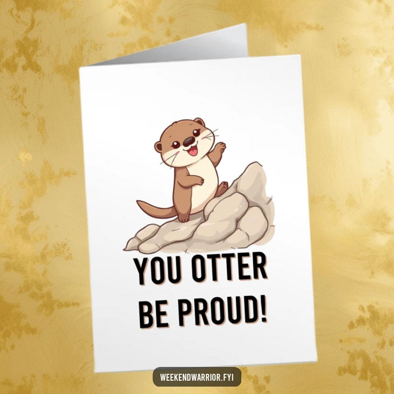Funny Free Printable Congratulations Card: Smiling otter reaching mountain peak, symbolizing success, great downloadable gift.