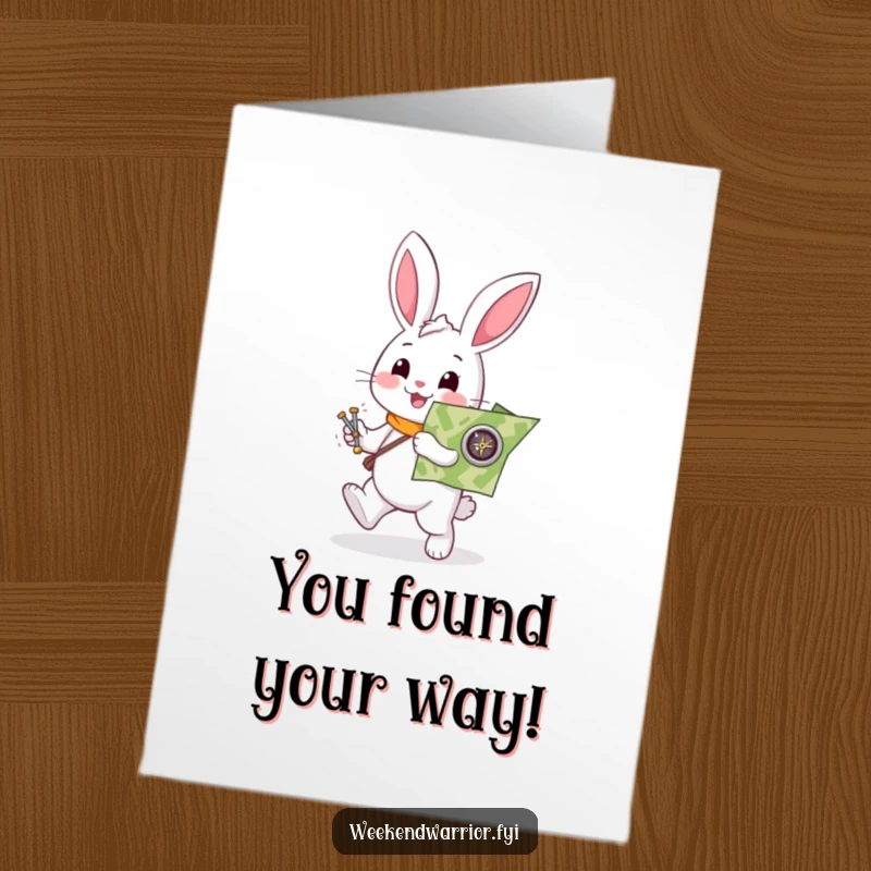 Funny Free Printable Congrats Card: White rabbit with map enthusiastically guiding towards success, celebrating a milestone.