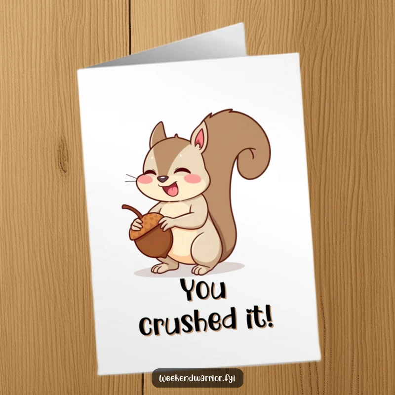 Funny Free Printable Congratulations Card: A happy squirrel flexes its biceps after lifting an acorn, showing off its impressive strength.
