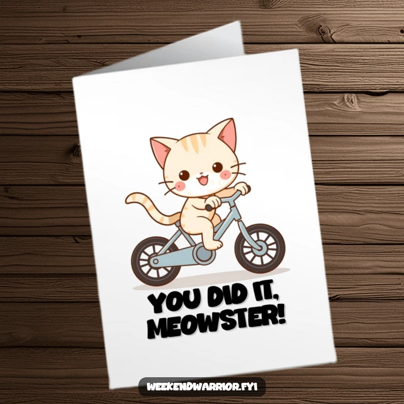 Funny Free Printable Congrats Card Kawaii cat on a bike, blurring past with excitement, celebrating a big win.