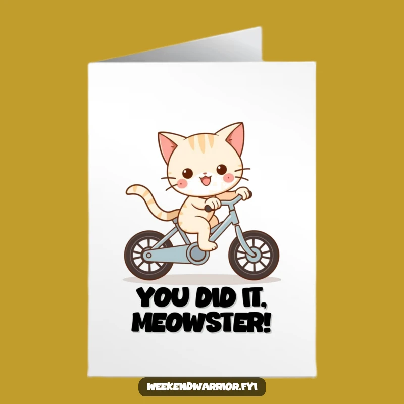 Free Printable Kawaii Cat Card: Funny Congrats Bike Ride Downloadable Gift