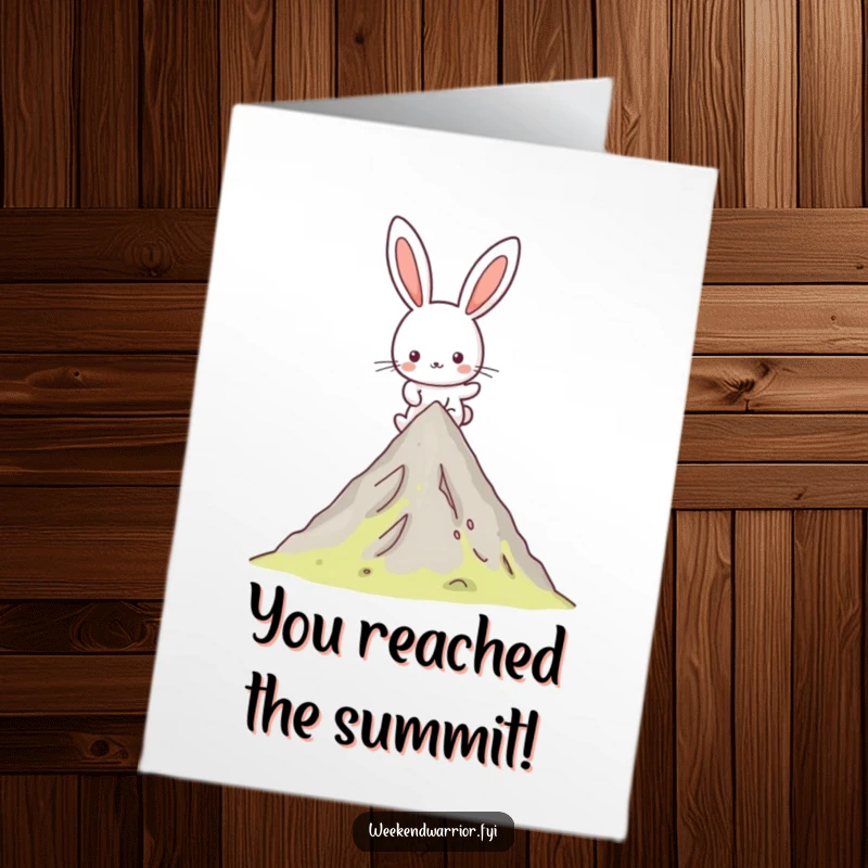 Funny Free Printable Congratulations Card: Happy Kawaii rabbit character reaching a mountain peak, celebrating success humorously.