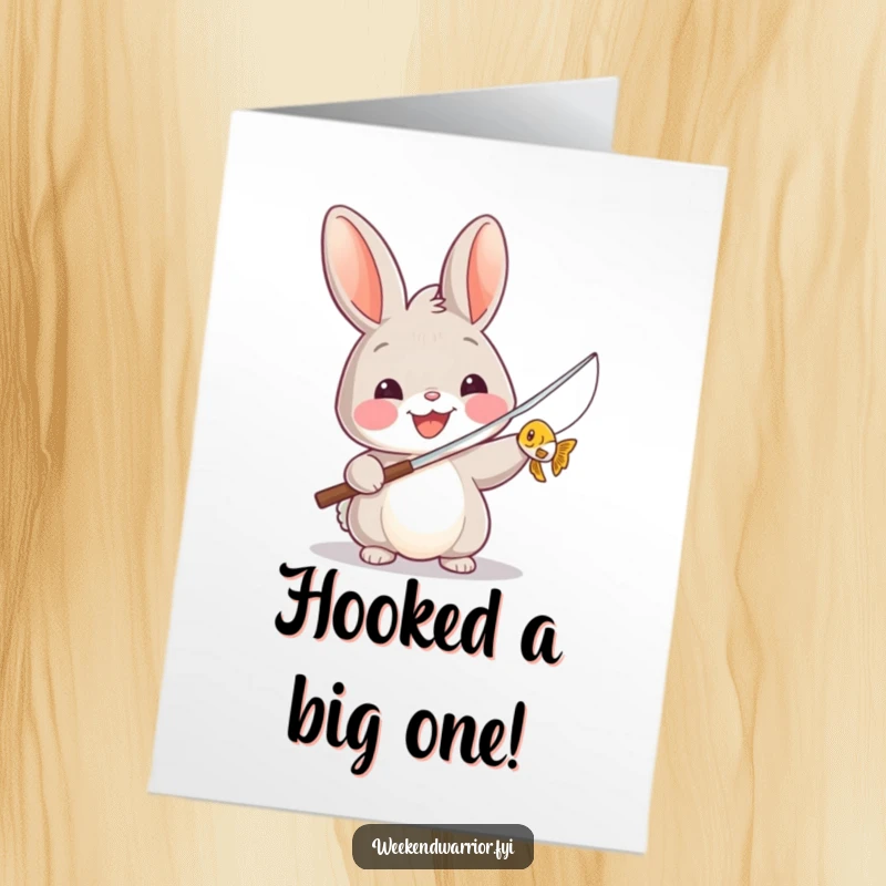 Funny Free Printable Congratulations Card: Victorious rabbit proudly displays a tiny fish he just caught.