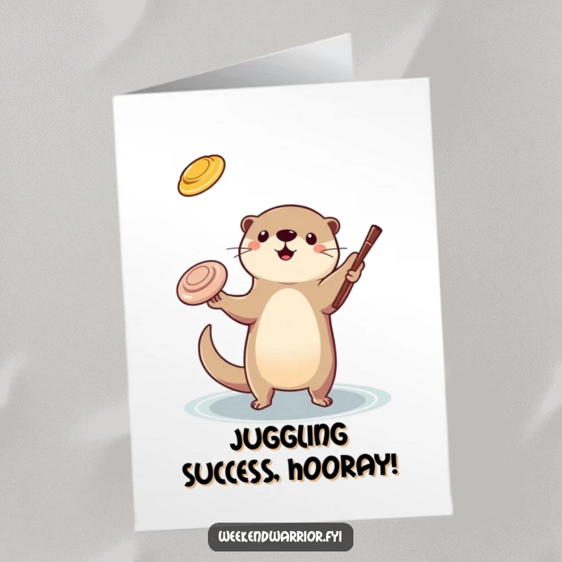 Funny Free Printable Congratulations Card: An energetic otter juggles a frisbee and a stick, celebrating a remarkable accomplishment humorously.