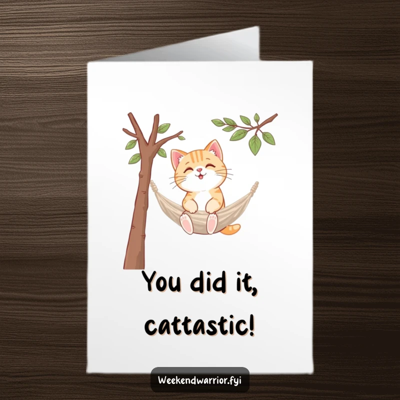 Funny Free Printable Congratulations Card: A kawaii cat expertly ties a tiny hammock between two small branches, celebrating a moment of earned relaxation.