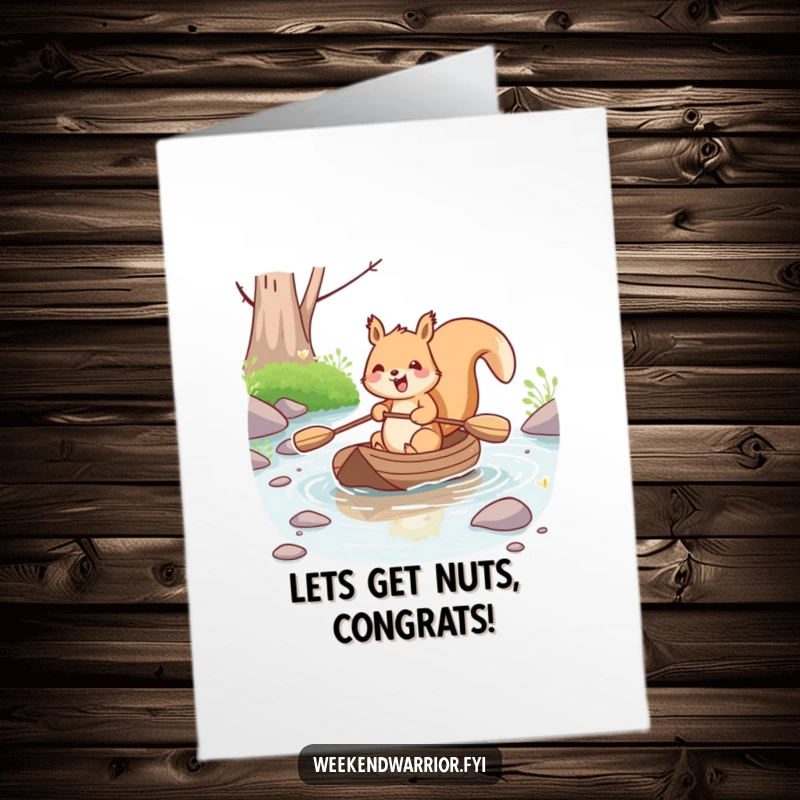 Funny Free Printable Congrats Card: Kawaii squirrel joyfully paddling a small raft down a stream, celebrating success.