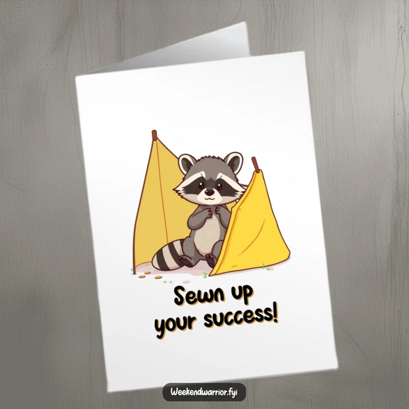 Funny Free Printable Congratulations Card: A brave raccoon mending a tent tear, symbolizing adaptability and success. Downloadable art.